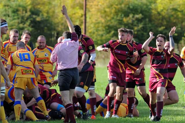 Amber Valley RUFC (Maroon), v Buxton.
Amber Valley celebrate a first half try.