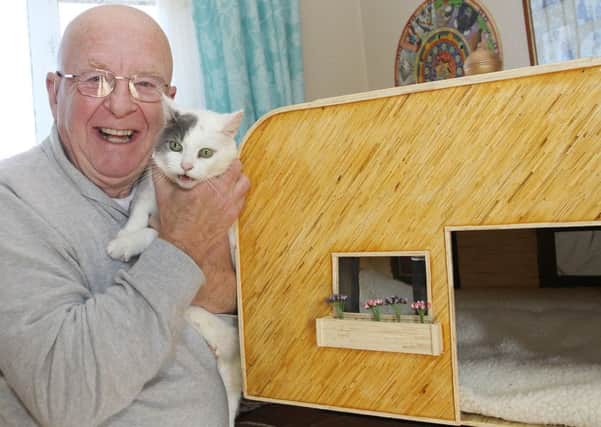 Mike Nunns with his cat house made from 25,000 matches