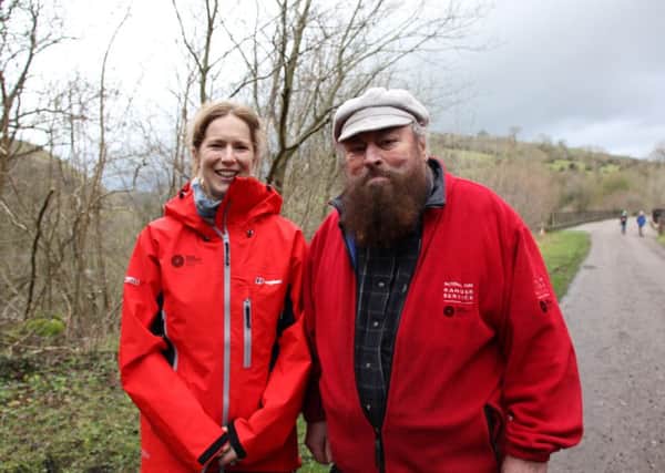 Brian Blessed on the Monsal Trail with Emma Stone, Trails Manager, Peak District National Park.