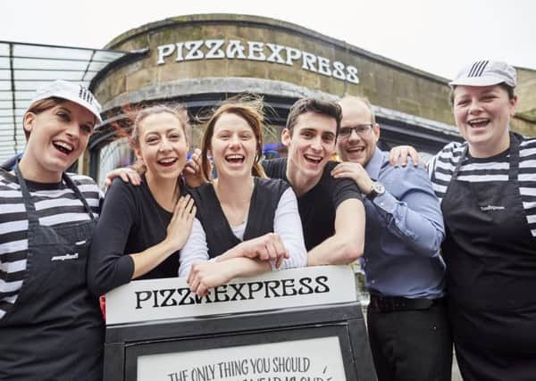 Pizza Express Buxton Derbyshire gets a makeover, pictured L-R Keya Handley - Jody Gregory - Nicci Rushton - Calum Siddall - James Brewin and Jennie Rowlands outside the restaurant