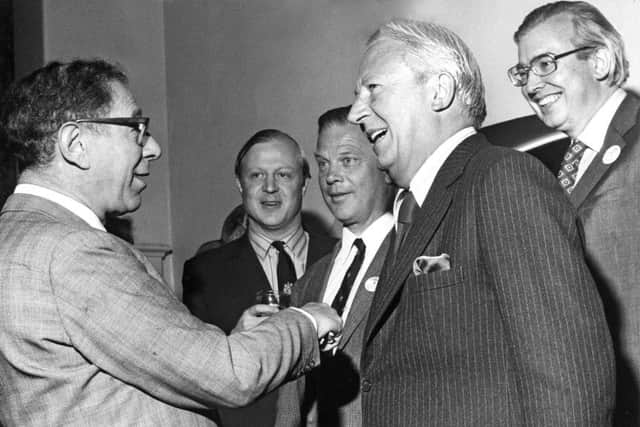 Buxton Advertiser archive, June 1975, former prime minister Ted Heath meets local MPs and Labour cabinet minister Harold Lever before addressing 1,000 people at a pro Europe rally.