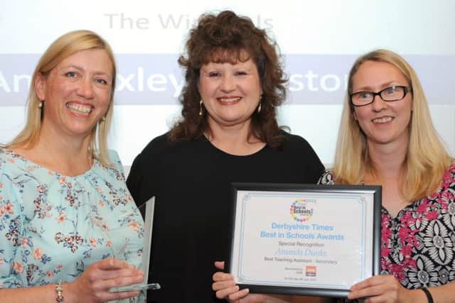 Ann Foxley-Johnstone of Springwell Community College and her colleague Amanda Dunks with their Best Teaching Assistant - Secondary awards with where presented by Ailsa Cooling from GMB.