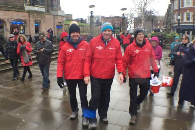 BBC Look North's Paul Hudson and Harry Gration set off in Rotherham on their Three Legged Challenge for Sport Relief