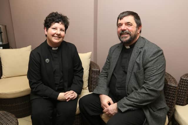The new Bishop of Repton Jan McFarlane meets local rector John Hudghton during her visit to the University of Derby's Dome