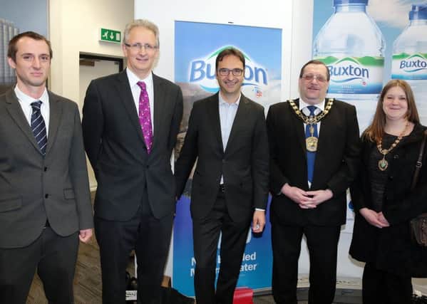 Jamie Needle from Derwent Hydroelectric and Andrew Bingham MP with Federico Sarzi Braga, Nestle Waters Country Business Manager UK, and High Peak Borough Council Mayor Stewart Young and Charlotte Young at the launch. Photos by Glenn Ashley Photography.