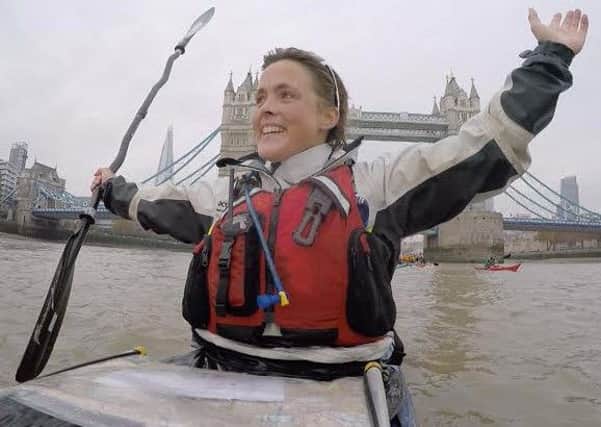 Sarah Outen at the end of her London2London: via the World expedition.