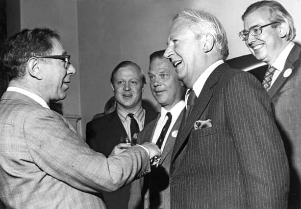Buxton Advertiser archive, June 1975, former prime minister Ted Heath meets local MPs and Labour cabinet minister Harold Lever before addressing 1,000 people at a pro Europe rally.