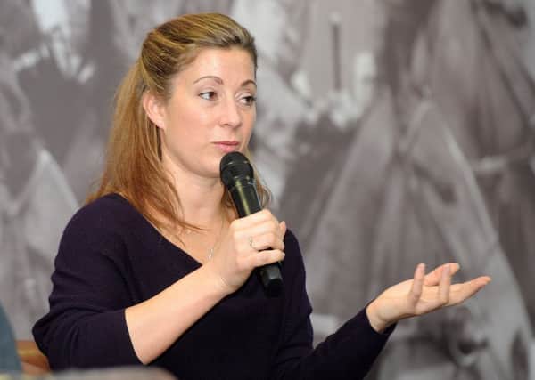 Retired jockey Hayley Turner answers questions at a 5Star Active event at Doncaster Racecourse. Picture: Andrew Roe