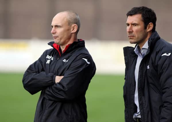 Buxton v Belper Town FC
Evo-Stik Premier Division
The Silverlands, Buxton.
20th September 2014
Buxton Manager Martin McIntosh (L) with coach Tim Ryan.
Picture by Dan Westwell (PLEASE BYLINE)
dan.westwell@btinternet.com
07793 733140