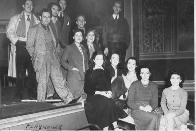 Playhouse Theatre, Buxton, farewell group, season ending - October 24, 1949. Pictured left to right: Robert Weir, Will Leighton, Brian Whittle, Myles Rudge, Nigel Arkwright, Carmen Hill, Nancy Roberts, Shaun Sutton, Sally Newton, Patricia Lett, Penelope Williams, Gwendoline Watford, Barbara Leslie. Photo contributed.