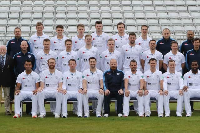 Derbyshire County Cricket Club 2016, back James Pipe, Rob Hemmings,  Greg Cork, Matthew Critchley, Tom Knight, Will Davis, Jamie Tallent and Cookie Patelmiddle John Sadler, Tom Milnes, Harvey Hosein, Tom Taylor, Ben Slater, Ben Cotton, Alex Hughes, Scott Elstone, Ant Bothafront Shiv Thakor, Andy Carter, Tony Palladino, Billy Gogleman, Graeme Welch, Wes Durston, Wayne Madsen, Tom Poynton and Chesney Hughes