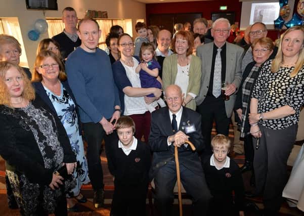 Tom Brocklehurst pictured at his 100th birthday with family and friends in 2015 at the Proact Stadium, Chesterfield