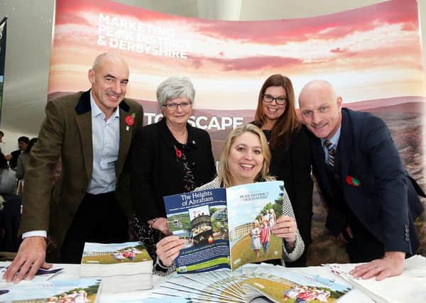 Secretary of State for Culture, Media and Sport Karen Bradley (seated, centre) at Marketing Peak District & Derbyshires Tourism Conference & Exhibition 2016, with (left to right): Paul Roden, Chairman, Marketing Peak District & Derbyshire; Anne Western, Leader, Derbyshire County Council; Jo Dilley, Managing Director, Marketing Peak District & Derbyshire and Andrew Stokes, England Director, VisitBritain/VisitEngland