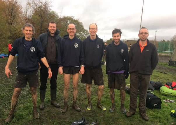 The very muddy Mens Team at Boggatt Hole Cross Country: L-R Andy Lidstone, Nat Winfield, Rick Aldred, Pete Bailey, Ben Light and Richard Goff