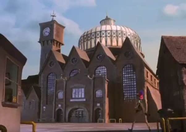 The toy factory in the fictional town of Bisby with a dome like the University of Derbys Buxton campus. Photo credit: Sainsbury's.