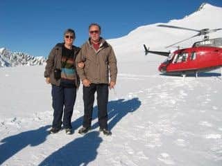 Alyse and Ian on  Fox Glacier in South Island New Zealand who took a helicopter ride first thing in the morning to the top.