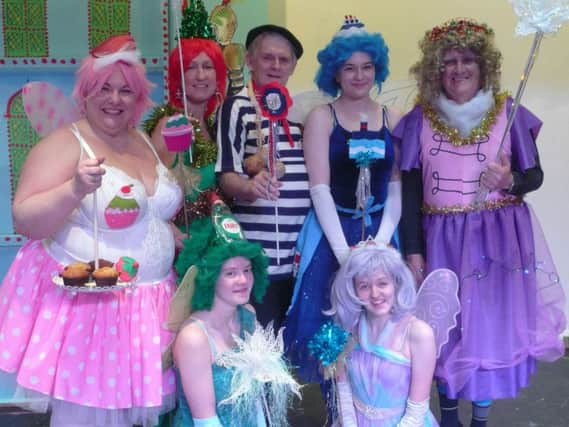 Clare Stokes (Fairy Cakes); Gayle Hazelby (Fairy on Top of the Christmas  Tree); David Allen (Cross Channel Fairy); Lydia Crookes (Fairy Across the Mersey); Patrick Naylor (Fairy Light); front, Stephie Ashmore (Fairy Liquid) and Rebecca Gilson (Fairy Nuff) in Sleeping Beauty.