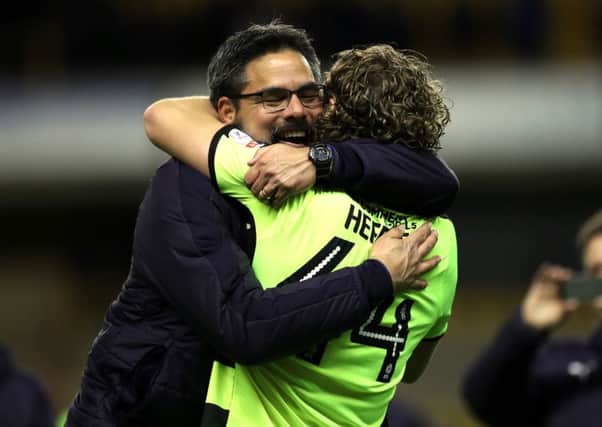 David Wagner celebrates his sides place in the Championship play-off's with Micahel Heffe.
Wolverhampton Wanderers v Huddersfield Town. SkyBet Championship. Molineux Stadium.
25 April 2017. Picture Bruce Rollinson