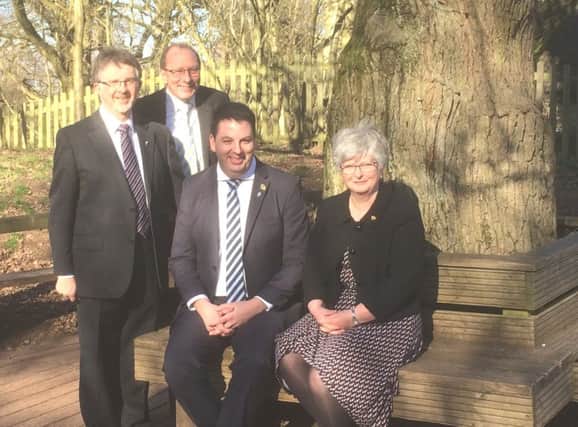 Communities Minister Andrew Percy MP (centre) at Sherwood Forest Visitor Centre for original announcement of Local Growth Fund allocation. With him are (L to R) former Nottinghamshire County Council Leader Alan Rhodes, D2N2 Chair Peter Richardson and former Derbyshire County Council Leader Anne Western.
