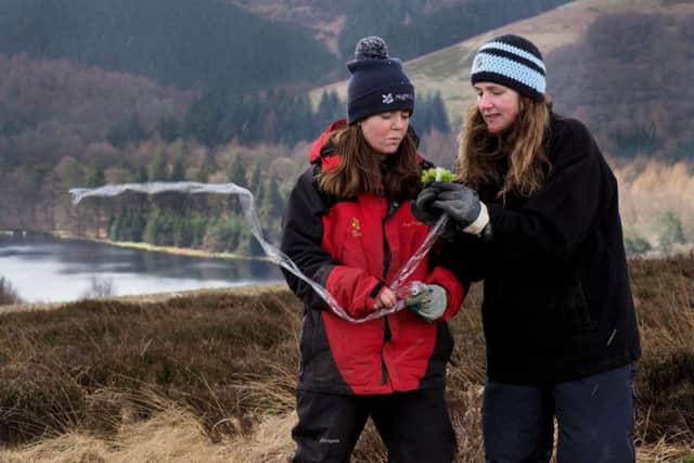 Kait Jones (left) and Helen Tuck from the National Trust with moss plugs. Photo: David Bocking.
