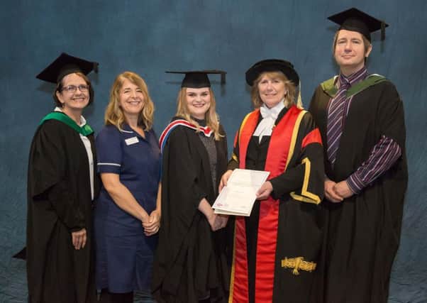 Jean Evers, Head of the Department of Public Health and Wellbeing; Karen Whitehurst, Practice Educator at East Cheshire Community Trust; Jodie Carr; Professor Annette McIntosh-Scott, Pro-Vice-Chancellor/Provost, and Conleth Kelly, Senior Lecturer in District Nursing. Photo: Jon Lingwood.