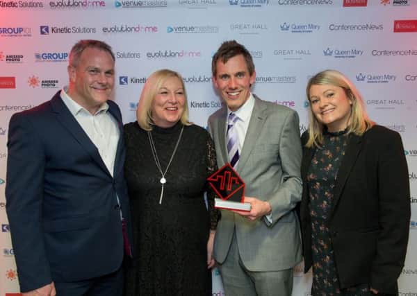 The Devonshire Dome team celebrate their award at the CN Academic Venue Awards. From left: Richard Greensmith, Christine Sweetmore, Joel Fagg and Clare Golding. Photo: Jonathan Taylor.