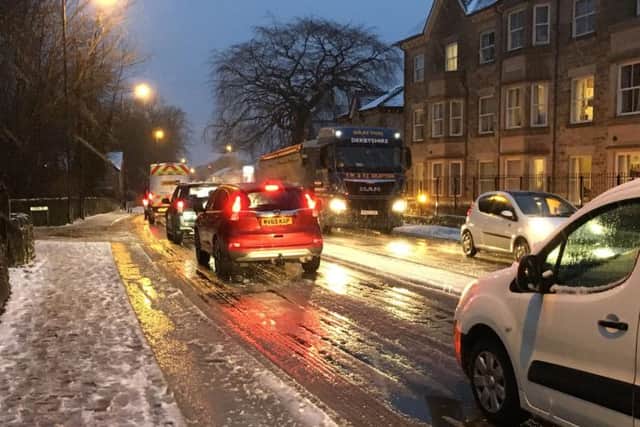 Queuing traffic in Buxton on Friday evening following a day of wintry showers.