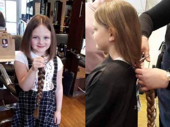 Kind Nicole Fearns, pictured during and after donating her locks. Pictures submitted.