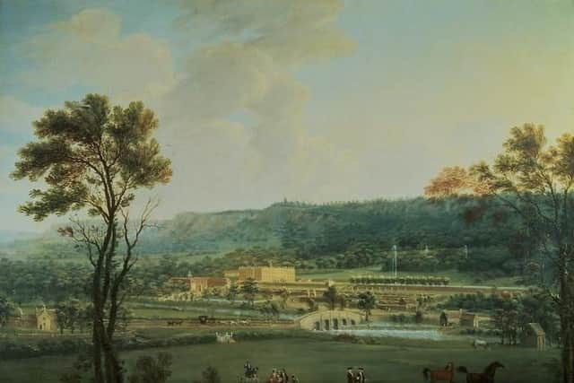 View of Chatsworth 1743 by Thomas Smith.  Devonshire Collection, Chatsworth. Reproduced by permission of Chatsworth Settlement Trustees.