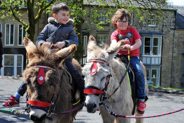 Buxton Spring Fair.
Leo Chase, 5, left, and Callum McLennan, 4, hitch a ride on two willing donkeys.