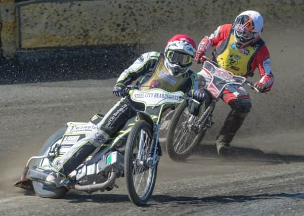 Photo by Ian Charles:

Ben Wilson  (Red) leads Danny Phillips (White)

Buxton Hitmen v Coventry Bees, National Trophy, Hi-Edge Raceway, Buxton,  6 May  2018