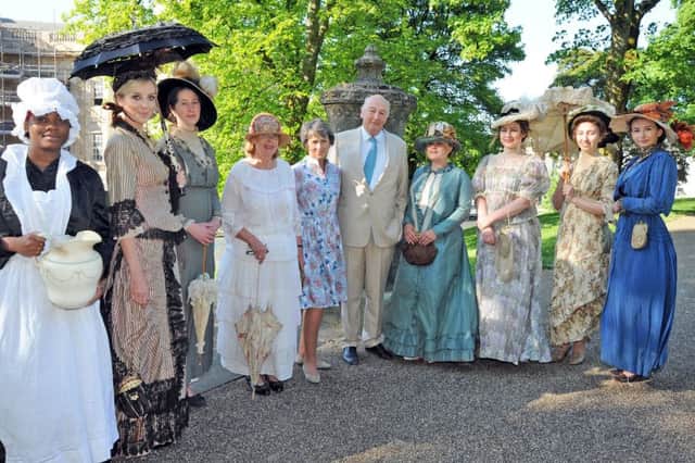 The Duke and Duchess of Devonshire with some of the ladies in period costumes supplied by Notty Hornblower, from the Hope House Museum, who attended the Friends of the Buxton Crescent Heritage Trust thank you function in the Pump Room on Tuesday night.