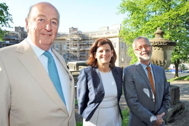 The Duke of Devonshire with Katheryn Mitchell the vice chancellor of Derby University and Chairman of the Buxton Crescent Heritage Trust James Berresford, before the start of a function to thank the founding Friends of the Buxton Crescent Heritage Trust and update on progress.